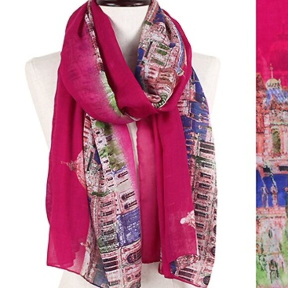 Scarf - City in Europe Printed Oblong Scarf - Pink new - Picture 2 of 3